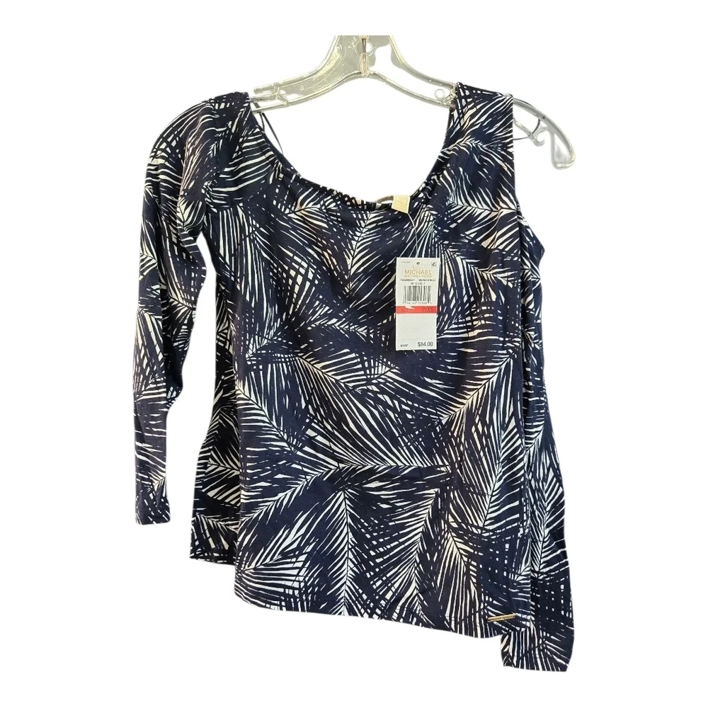 NWT Michael Kors Blue and White Asymmetrical 3/4 Sleeve Blouse, Petite XSMALL
